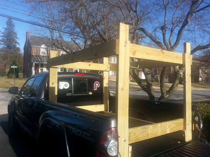 What the rack looks like with the tailgate down. Can be made with 2x4s or over-engineered with 2x6s as shown