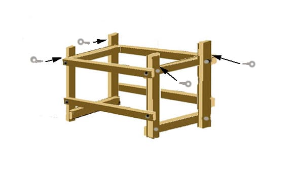 Predrill and attach half inch eye screws to the outside of the legs at the top facing front and back. These will be used to tie down the frame and stuff stacked on the rack.