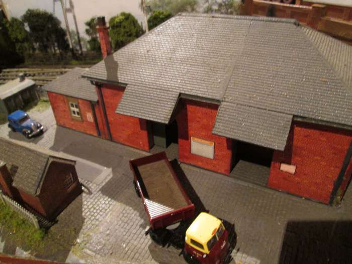 Goods shed - straightforward kit you might say. Wrong. The basic kit is out of the packet, the loading bays and struts are add-ons, as is the slate roof (Wills'), the chimneys modified, goods platform arrangement, doors and goods crane also extras