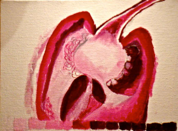 First half of student canvas painted with a bell pepper. The student painted this with Reeves Oil Paint color "Medium Red". The value scale from white to red to black is on the bottom of the canvas. The bottom half of the canvas is now available t