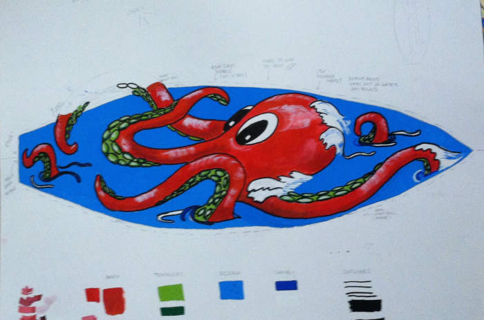 I created a larger working drawing and painted it using the Molotow paints that I planned to use for the surfboard. Note that I changed the center arm here.