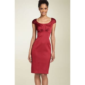 This sheath is good for hourglass figures, but a pear would also look great in this because of the beautiful roching across the bust.