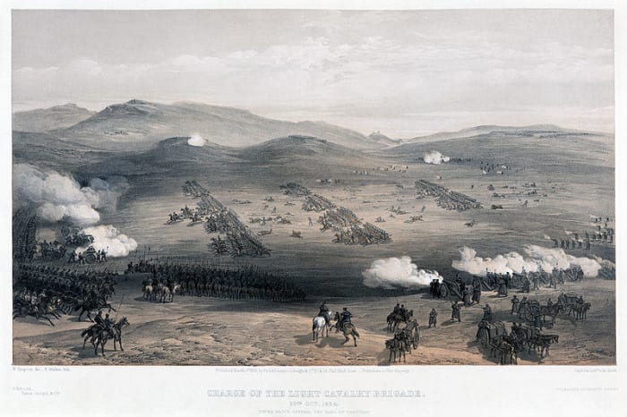Charge of the light cavalry brigade, 25th Oct. 1854, under Major General the Earl of Cardigan - 1 March 1855 - Library of Congress - William Simpson artist, E. Walker, lithographer. Accessed: http://en.wikipedia.org/wiki/File:Charge_of_the_Light_Brig