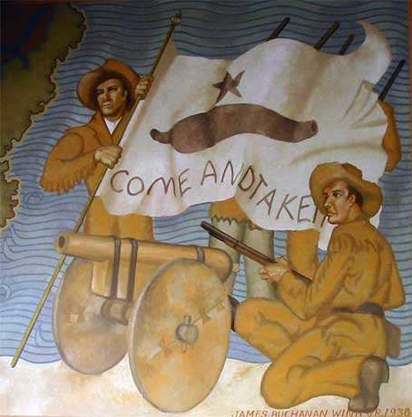 The "Come and Take It" mural at the Gonzales Museum, with the historic "Come and Take It" Texas flag