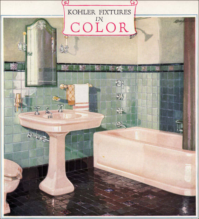 Where most of the fixtures offered during the first half of the 1920s were almost always white, color was the innovation that manufacturers dangled enticingly to homeowners after 1925. Colors from the late 20s forward were available at a small additi