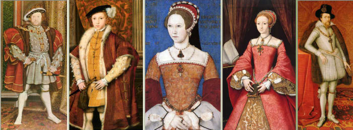 Henry VIII (Hans Holbein jnr); Edward VI (Unknown); Mary I (Master John); Elizabeth I (William Scrots), James I (+ VII) (John de Critz)