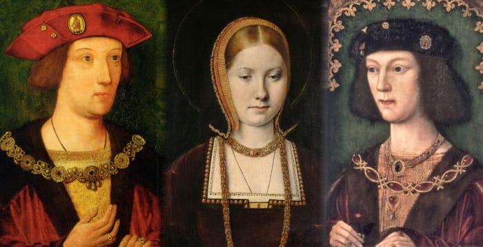 Arthur Tudor Prince of Wales c 1500 (Unknown artist), Katherine of Aragon (Michel Sittow), HenryVIII 1509 (Unknown artist),