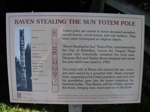 Carved cedar poles were never religious idols, as Christian Missionaries thought them to be. Poles were and are Storytellers. The animal figures, by legend, founded clans and traveled between the worlds, i.e., Heaven and Earth.
