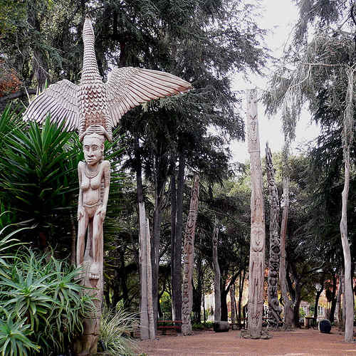 Traditional Papua New Guinean poles displayed at Stanford University. Carved and sculpted poles have been created for millennia around the Pacific Rim and in other places.