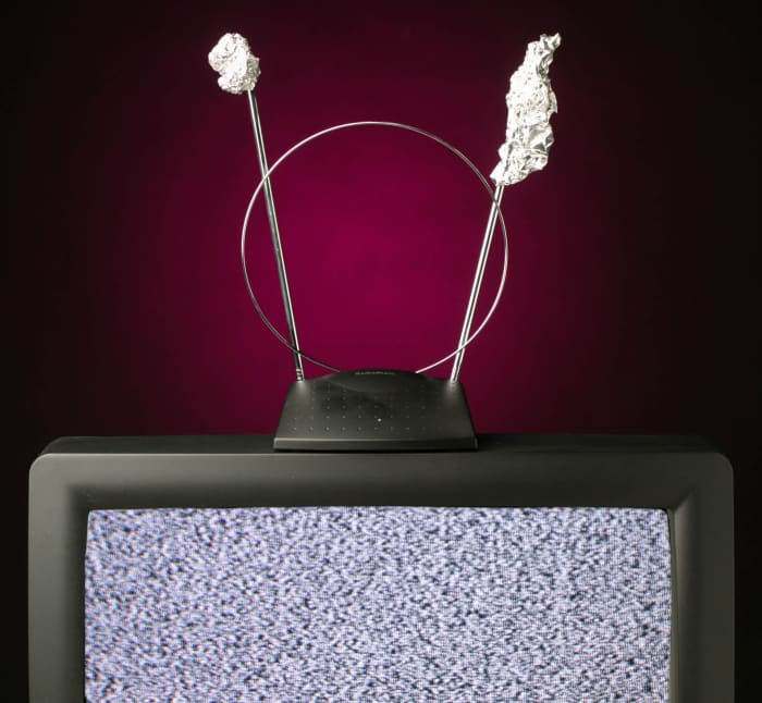 "Rabbit Ears' antenna. Didn't work well, but better than nothing. You had to constantly move the thing to improve picture quality.