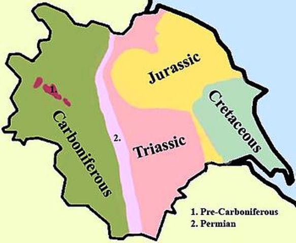 General geological map of Yorkshire, bordered by the Tees to the north, east by the North Sea, to the south the Humber and the Pennines in the west