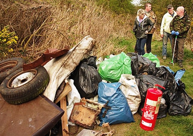 Part of the Litterpick haul: old tyres, boxes, a fire extinguisher (?) and lots of bagged rubbish