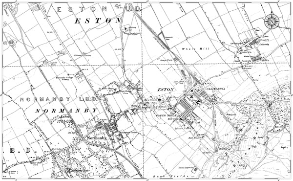 At Eston mine tramways fan out bottom right to the drifts at New Bank, Old Bank and Trustee, through which Upsall Pit's ore passed. Standard gauge wagons carried raw ore from the Tip Yard Eston to the crusher at Grangetown until closure 1949