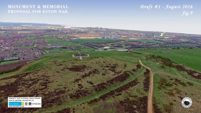 Top view: the south face seen from the side where the footpath leads to Upsall village; centre: the north face includes names of miners and boys who were killed in the course of work; bottom is the overhead view to the north over Tees Bay and works