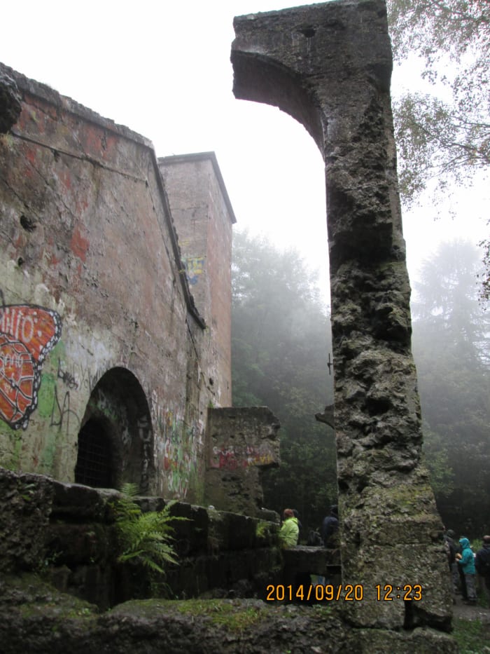 Looking up at one of the buttresses on the SS Castle - Guibal Fan House and drift entrance near the 1871 Wilton-Guisborough cart road bridge over the wagon tramway