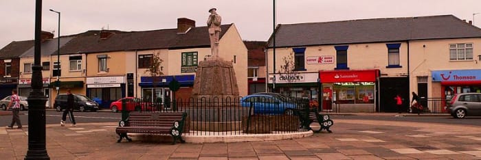 Looking towards the war memorial on Eston Square. seen by people passing through from Middlesbrough to Saltburn/Redcar. Jubilee Road, right off the picture, leads (second right) to Ayton Crescent where we lived, 1955-65. We felt welcome here.