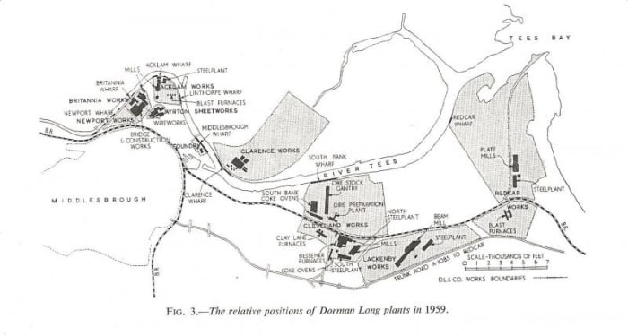 Dorman Long's holdings on Teesside in The Works,1959. Dorman Long owned Eston Mines until closure in 1949, by which time much of the stone came in by sea to Eston Jetty and westward along the Tees.