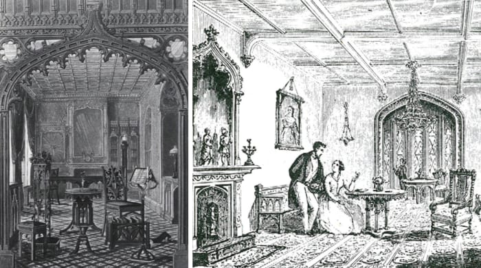 Left: Pugin’s sketch of a gothic revival interior and furniture he designed. Right: 1850 period illustration of a gothic revival drawing room (artist unknown).