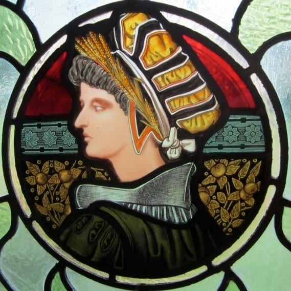 Detail from a stained and leaded glass window used in a Gothic library designed by Restoration Decor and Consulting.
