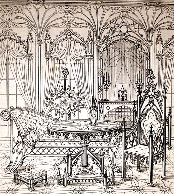A reproduction of one of the Gothic room illustrations from the original 1841 publication of "True Principles of Pointed or Christian Architecture" by Augustus Welby Pugin.