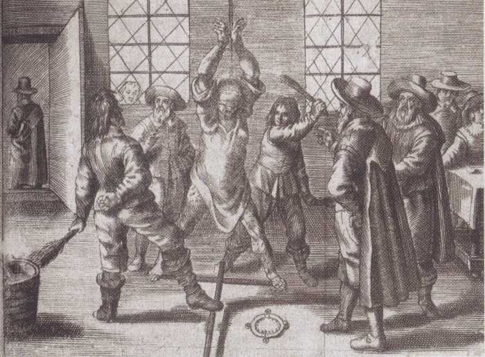 A German Etching of a Witch Trial: a witch's collar can be seen on the floor under the accused witch.