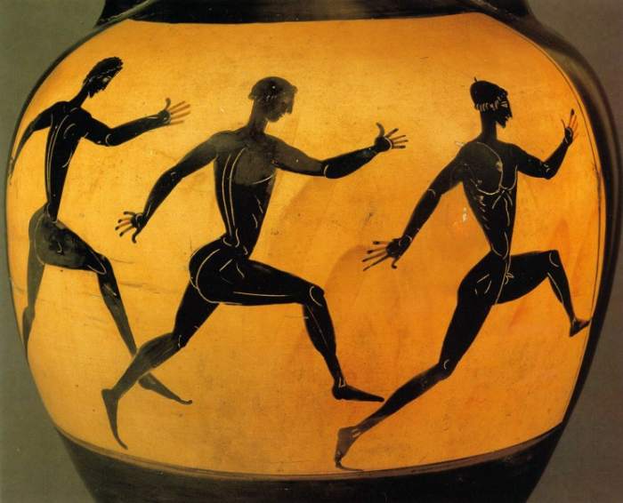 Three Participants In A Footrace At The Panathenaic Games. 6th Century B.C., Depicted On A Vase Presented As A Prize To The Footrace’s Winner