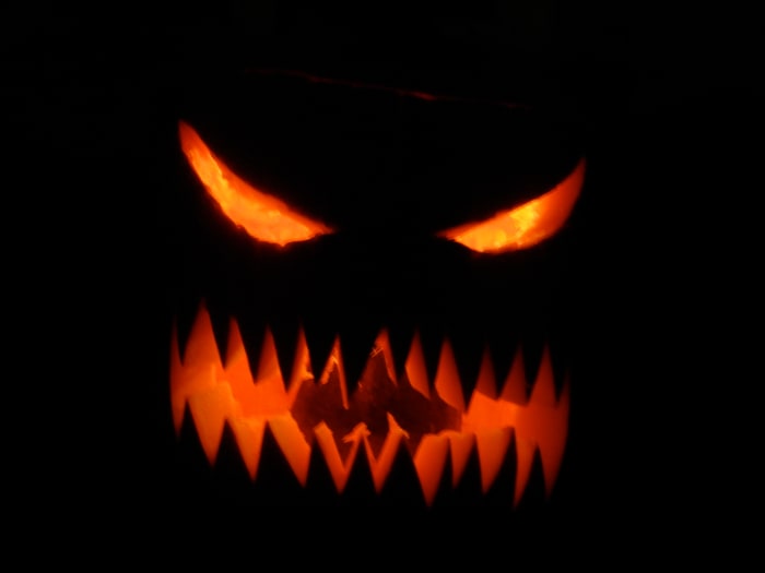 Scariest jack-o-lantern on the block! We put dry ice and water inside here too, but it only lasted for a few seconds before the lack of oxygen put out the candle.