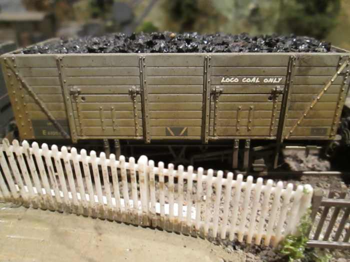 Off-the-shelf loco coal wagon with load, finished in BR grey with early ownership transfers and designation strips, 'Loco Coal Only'
