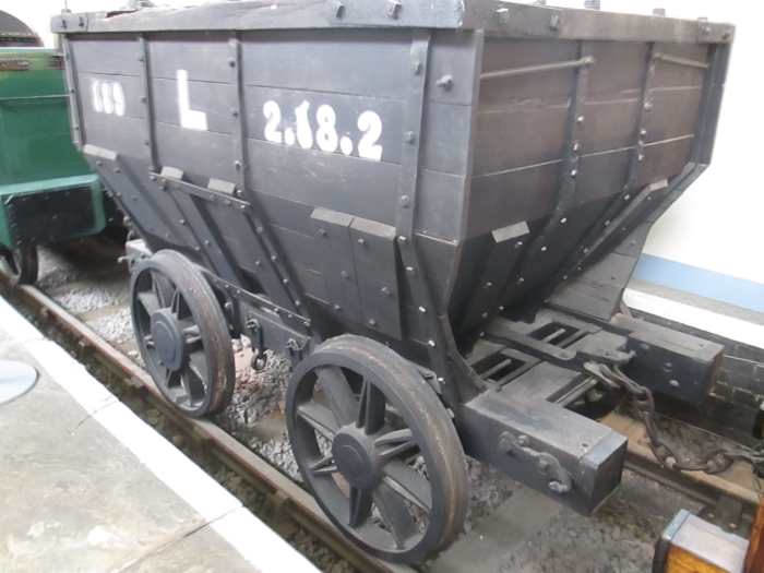 Great Grandad - chaldron wagon from S&DR days with 'dumb buffers'. Wagons 'butted' one another in transit. Buffers were introduced by mid-19th Century, although earlier stock could be seen running, as at Seaham Harbour (Head of Steam Museum)