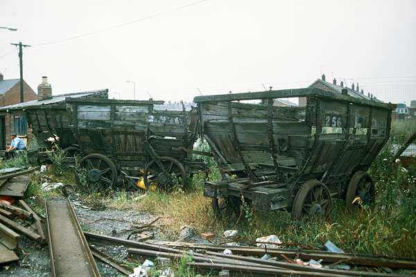Derelict Londonderry Railway chaldron wagons seen at Seaham, County Durham in North Eastern England