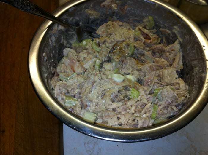 Once all ingredients are mixed you can now spread the chicken salad onto bread, wraps or stuff into a pita.