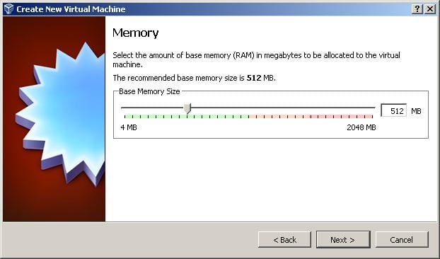 Selecting the amount of memory to be allocated to our virtual machine for Vista.