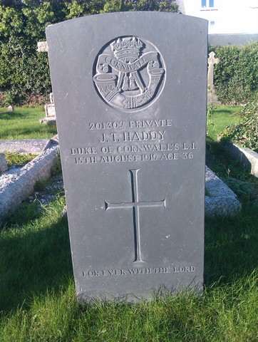 The grave of Private John T Haddy bears the emblem of the DCLI. Private Haddy was in 1/4th Battalion and died after the war ended, perhaps of wounds.