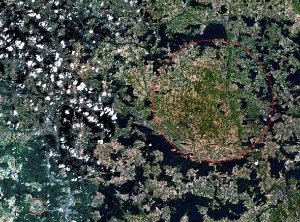 In this picture taken by NASA, the two marked areas are the Nördlinger Ries crater (small dot in lower left corner of larger circle) and the Steinheim crater (lower left). Scientists believe it's possible the two meteors hit at the same time.