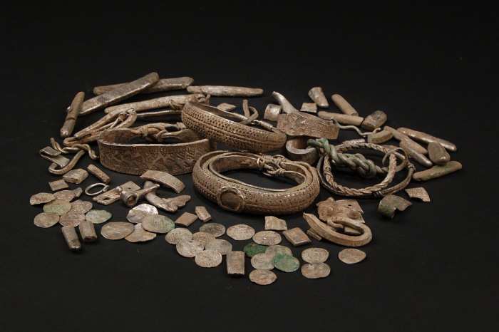 An assembled display of silver artefacts found at Silverdale near the north Lancashire coast