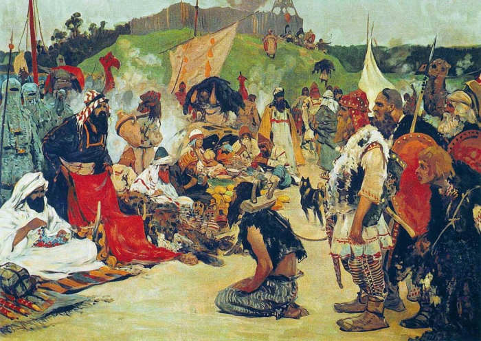 A 1909 painting by S V Ivanov depicts a slave market in the east, traders haggling over the value of a bedraggled-looking man in shackles and wooden frame