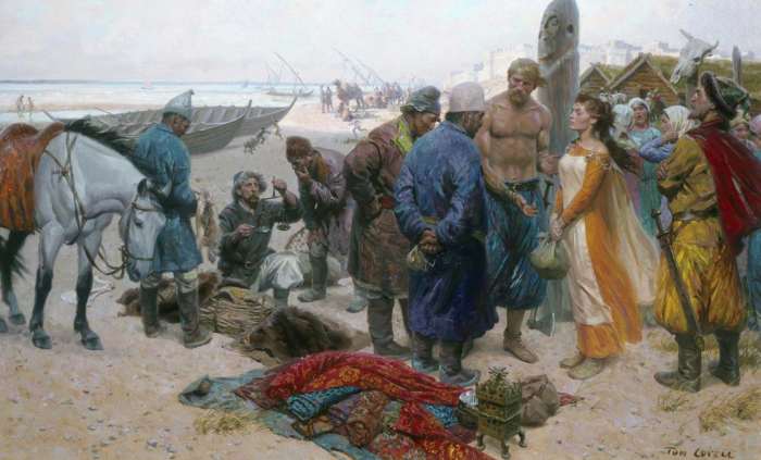 Rus/Rhos slave merchants eye a deposit in negotiations over a fair-skinned young woman - taken as a prize. It was in their interests to treat her well, in order to secure a good price