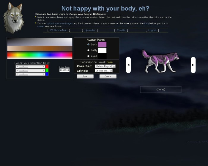 In the Bodyshop, users can customize the colors of their wolf avatar.