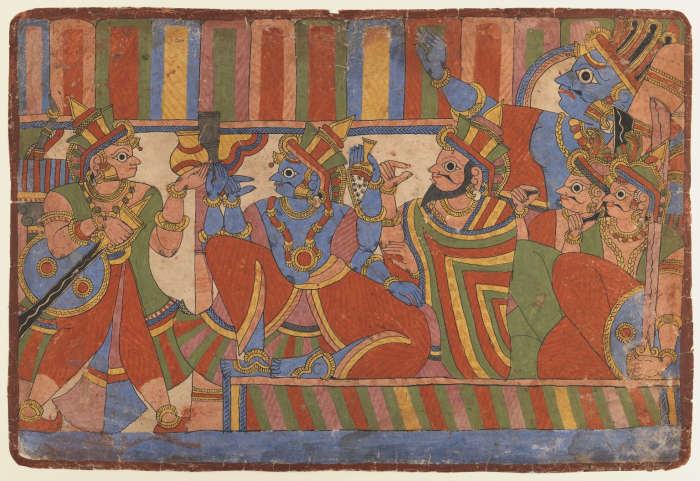 Krishna Counsels the Pandava Leaders, Page from a Mahabharata series. A painting by unknown artist via Wikimedia Commons