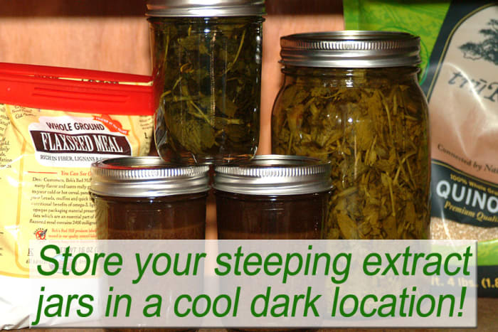 Store the filled and sealed jars of extract in a cool dark location. In 3 to 6 weeks, strain and re-bottle for personal use, or as gifts!