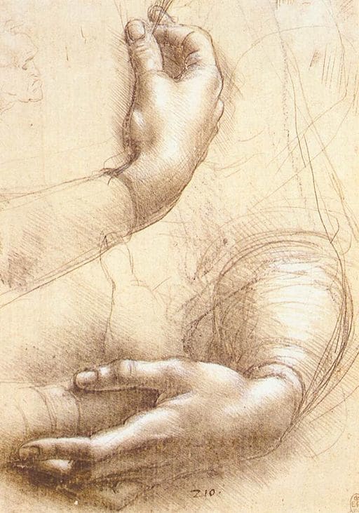Study of hands by Leonardo Da Vinci - Silverpoint and white highlights on pink prepared paper - circa1474