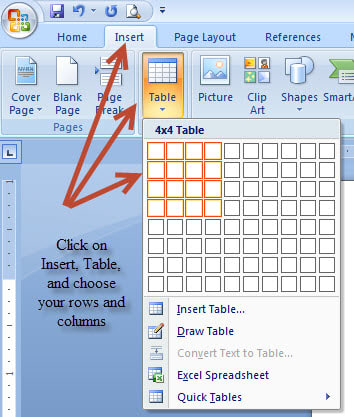 Step 1. Decide how many columns and rows will be needed. Click on Insert, Table, and choose the number of columns and rows needed.