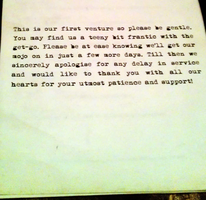 Cilantro prepared a creative kind of menu on a thick paper pad with writings using an old type-writer