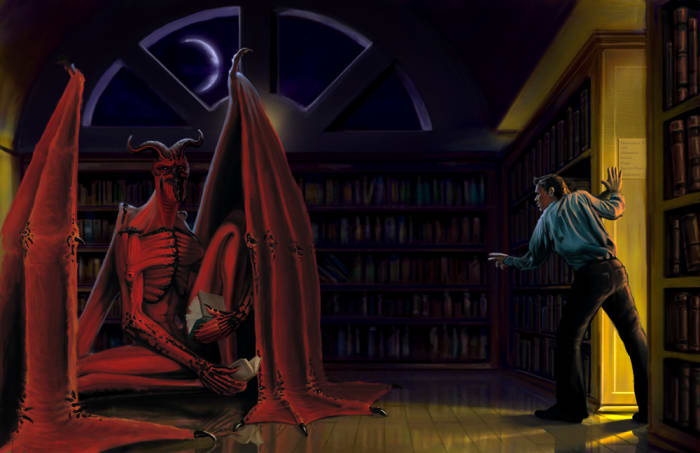 painting of a scene from the second half of the story where a character walks in on an Overlord reading in someone's house.