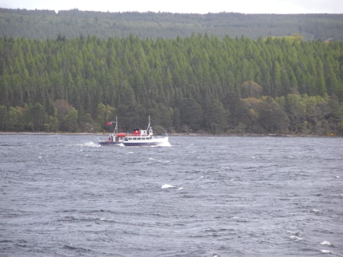 You can hop on a boat and take a cruise of the loch ... or you can watch the boat from the shore, and hope it is not dragging a net to capture the Loch Ness Monster!!