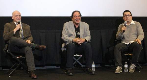From left: RogerEbert.com editor Matt Zoller Seitz, film director Oliver Stone and Alamo Drafthouse Denver General Manager Walter Chaw. Photo by John Moore for the DCPA NewsCenter.