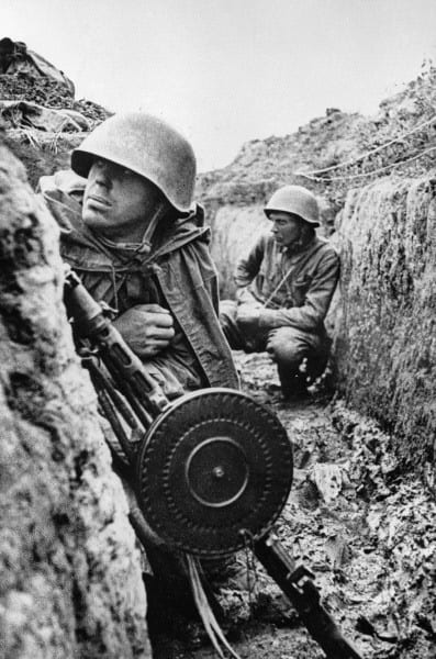 Soviet soldiers in a trench near Leningrad prior to an offensive against the Axis siege.