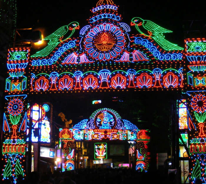 Street lighting during Durga pooja celebrations in Calcutta.