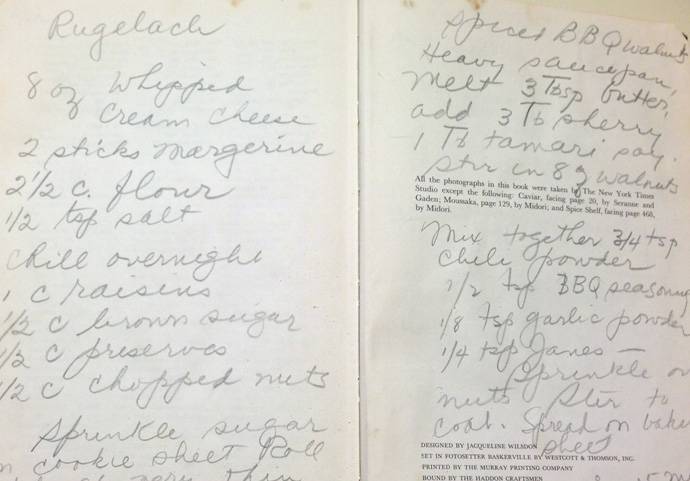 My mother wrote my grandmother's rugelach recipe in the back of her favorite cookbook, which I inherited.