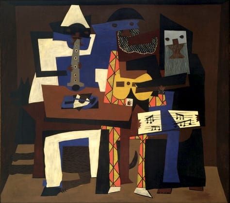 Pablo Picasso's Three Musicians (1921) — Publication of this low-resolution image is permissible under the Fair Use rule due to the historical significance of the painting.